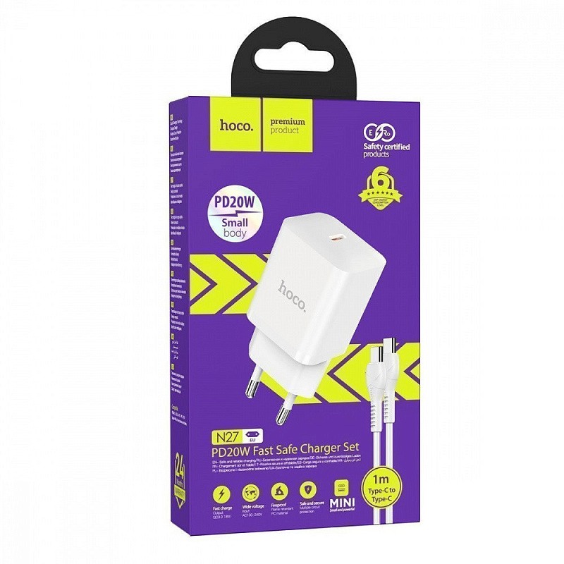 Network Charger Hoco N27 Innovative 20W (1 Type-C) + Кабель Type-C to Type-C white
